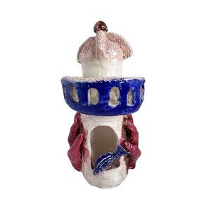Original Pottery Lighthouse Blue Red Hands Signed Sergio Hermes Pacheco Votive